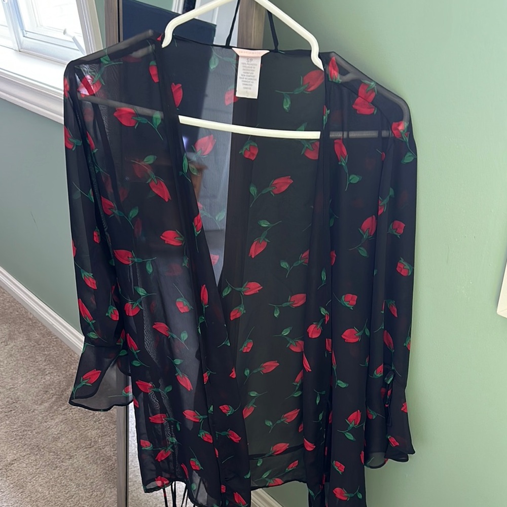 Sentiments Black Kimono with Red and Green Floral Design